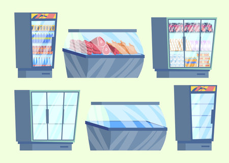 Cartoon Color Empty and Full Supermarket Refrigerator with Products Set. Vectorのイラスト素材