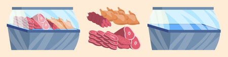 Cartoon Color Empty and Full Supermarket Refrigerator with Meat Set. Vectorのイラスト素材