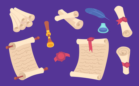 Cartoon Color Different Ancient Scroll Paper Manuscript Set. Vectorのイラスト素材