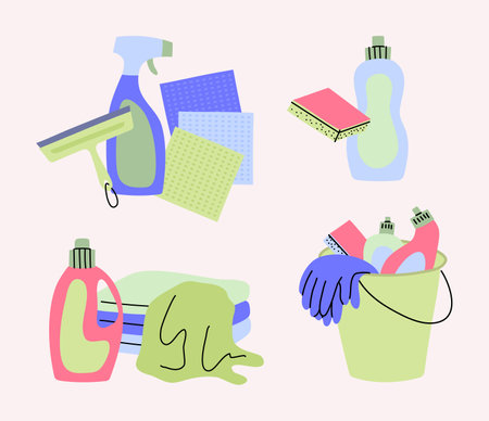 Cartoon Color Different Cleaning Products Set. Vectorのイラスト素材