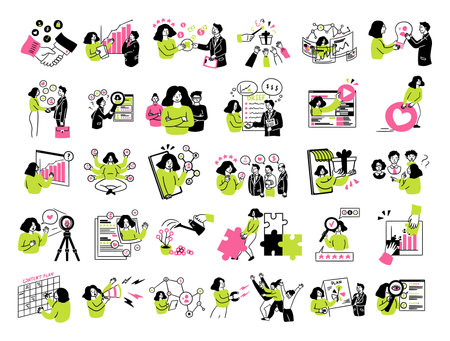 Cartoon Color Social Media Marketing Concept Scenes Set. Vectorのイラスト素材