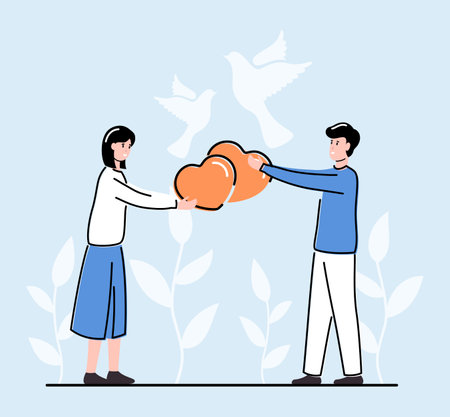 Cartoon Color Characters Couple Holding Hearts Concept. Vectorのイラスト素材