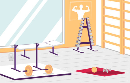 Cartoon Color Gym Interior Inside with Different Types Sports Gear for Bodybuilding Training Concept. Vectorのイラスト素材