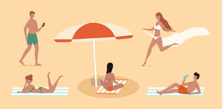 Cartoon Color Different Characters People on Beach Set Concept. Vectorのイラスト素材