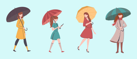 Cartoon Color Characters Women Holding Umbrella Set. Vectorのイラスト素材