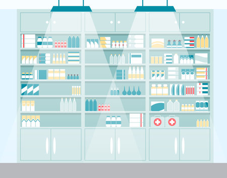 Cartoon Color Pharmacy Store Stands Set. Vectorのイラスト素材