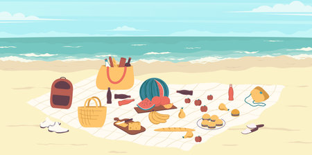 Cartoon Color Picnic Place on a Seashore Concept. Vectorのイラスト素材