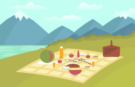 Cartoon Color Summer Picnic Place Concept. Vectorのイラスト素材