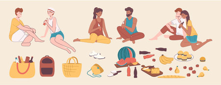 Cartoon Color Different Characters People Friends Set for Seashore Recreation Concept. Vectorのイラスト素材