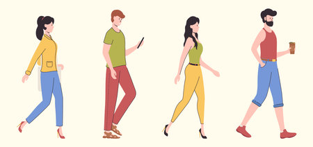 Cartoon Color Characters People Walking Alone Set Concept. Vectorのイラスト素材