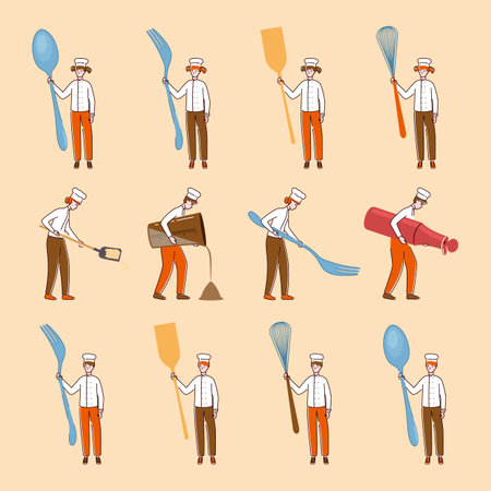 Cartoon Color Tiny Characters People Holding Kitchen Appliances Different Poses Concept. Vectorのイラスト素材