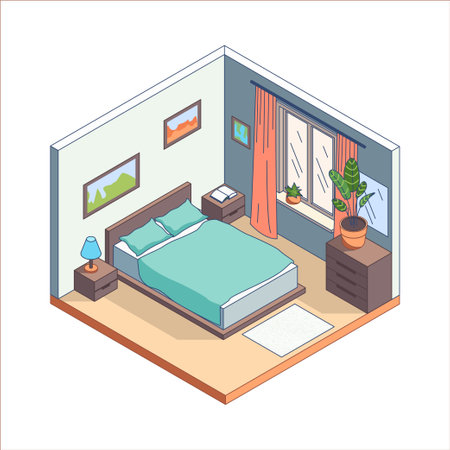 Cartoon Color Bedroom Room Interior Inside Concept 3d Isometric View Line Elements. Vectorのイラスト素材