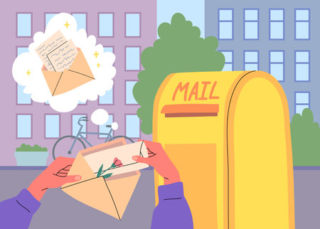 Cartoon Color Sending Postcard Mail on a Cityscape Scene. Vectorのイラスト素材