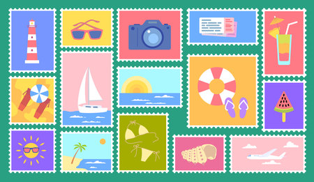 Cartoon Color Different Vintage Post Stamps Set. Vectorのイラスト素材