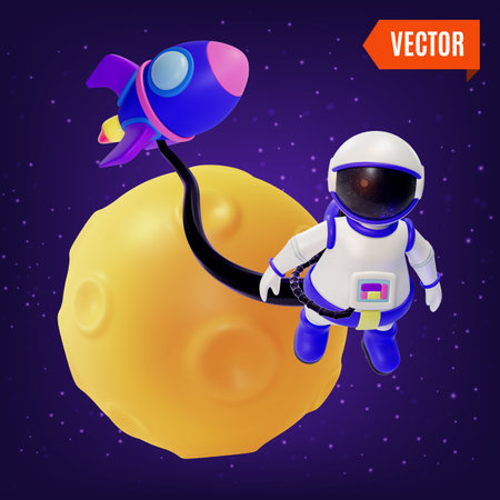 3d Space Exploration Concept Astronaut Floating in Outer Space and Moon Cartoon Design Style. Vectorのイラスト素材