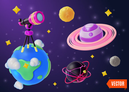 3d Space Education Concept Telescope with Tripod on Earth and Planets Around Cartoon Design Style. Vectorのイラスト素材