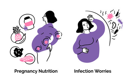 Cartoon Color Pregnancy Scenes Concept Set Nutrition and Infection Worries. Vectorのイラスト素材