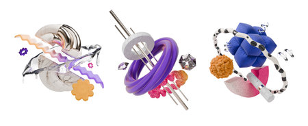 3d Realistic Detailed Abstract Geometric Composition with Flying Figure Set Closeup Viewの写真素材