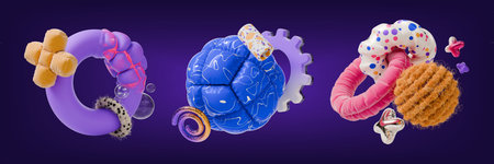 3d Realistic Detailed Abstract Geometric Composition Set with Flying Shape Texture Ring