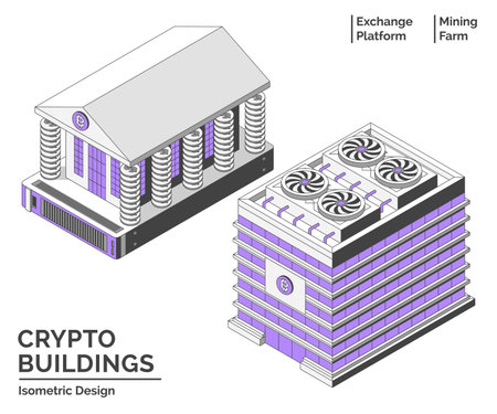 Cartoon Color Virtual Exchange and Mining Farm Building Crypto City Concept 3d Isometric View Line Elements. Vectorのイラスト素材