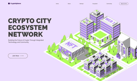 Cartoon Color Ecosystem Network Crypto City Concept Banner 3d Isometric View Line Elements. Vectorのイラスト素材