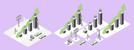 Cartoon Color Profit Chart with Separate Set Growth Marketing Concept 3d Isometric View Line Elements. Vectorのイラスト素材
