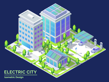 Cartoon Color Bicycle, Scooter, Parking Area,Office and House Building Electric City Transportation Concept 3d Isometric. Vectorのイラスト素材
