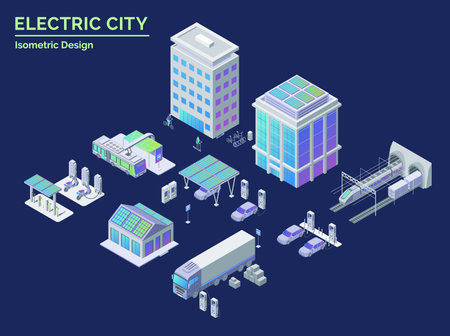 Cartoon Color Different Types Building, Vehicle and Charging Station Electric City Transportation Concept 3d Isometric. Vectorのイラスト素材