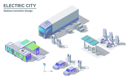 Cartoon Color Different Types Charging Station Set Electric City Transportation Concept 3d Isometric View Line Elements. Vectorのイラスト素材