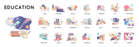 Cartoon Color Education Concept School Subjects Set. Vectorのイラスト素材