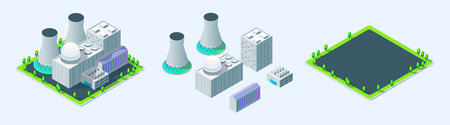 Cartoon Nuclear Power Plant Object with Separate Set Industrial Energy Building Concept 3d...