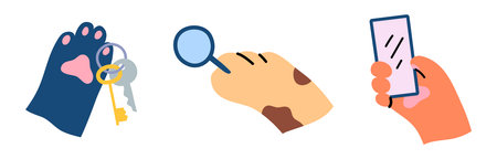 Cartoon Color Cat Paws Holding Various Object Set Concept. Vectorのイラスト素材