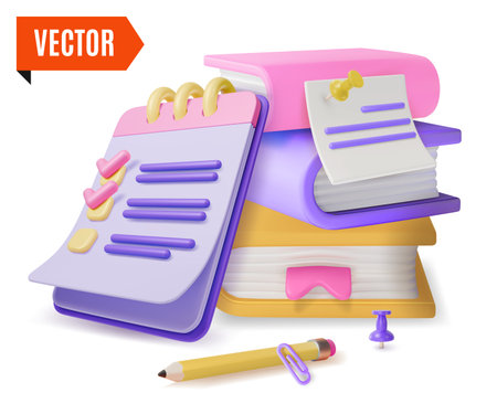 3d Pile of Books, Paper on Clipboard and Pencil Concept Cartoon Design Style. Vectorのイラスト素材
