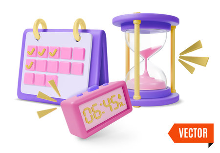 3d Hourglass with Sand, Led Digital Alarm Clock and Calendar Planning Concept Cartoon Design Style. Vectorのイラスト素材