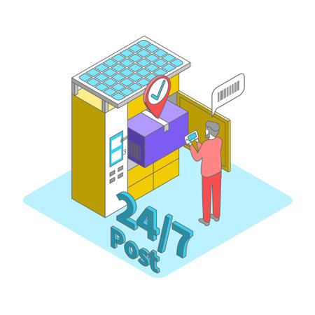 Cartoon Color Parcel Locker and Fast Delivery Service Concept 3d Isometric View Line Elements. Vector illustration of Postal Point Self-serviceのイラスト素材