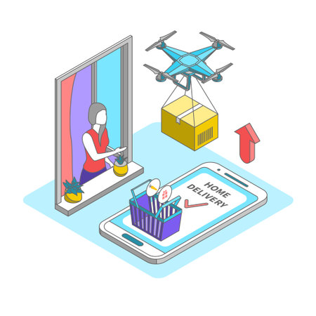 Cartoon Color Ecommerce and Fast Delivery Service Concept 3d Isometric View Line Elements. Vector illustrationのイラスト素材