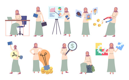 Cartoon Color Characters Muslim Business Woman in Headscarfs Concept Flat Design Style. Vector illustration of Presentation and Light Bulb Symbol of Ideaのイラスト素材