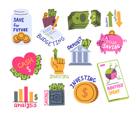 Cartoon Color Different Self Budget and Economy Hand Drawing Stickers Set Finance Concept Flat Design Style. Vector illustrationのイラスト素材