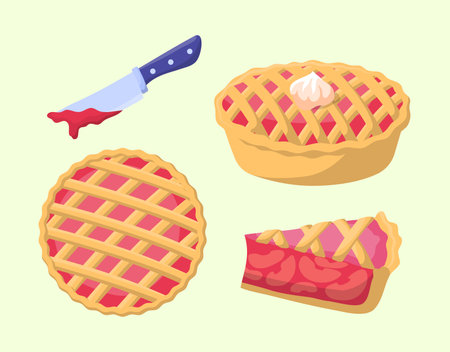 Cartoon Color Whole and Cut Apple Pie Set Sweet Baked Pastry Concept Flat Design Style. Vector illustrationのイラスト素材