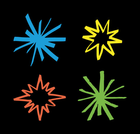 Round Marker Sunburst Different Types Color Doodle Line Set. Vector illustration of Grunge Stroke Sunburstsのイラスト素材