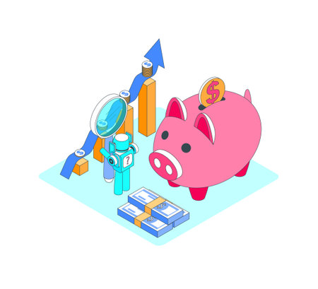 Cartoon Color Putting Coin a Piggy Bank Finance Concept 3d Isometric View Line Elements. Vector illustrationのイラスト素材