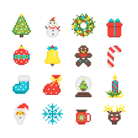 Cartoon Color Pixelated 8 Bit Christmas Elements Set of Tree, Gingerbread Man, Snowman and Snowflake. Vector illustration of Pixel Artのイラスト素材