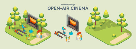 Cartoon Color Summer Park and Fest Concept Open Air Cinema with Separate Set 3d Isometric View. Vector illustrationのイラスト素材
