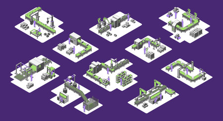 Cartoon Color Different Types Conveyor Line on a Platform Set Concept for Factory 3d Isometric View...