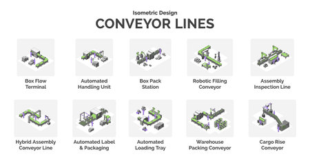 Cartoon Color Different Types Conveyor Lines Concept for Factory 3d Isometric View Line Elements. Vector illustrationのイラスト素材