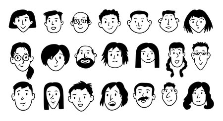 Happy People Diversity Avatars Thin Line Set Hand Drawn Doodle Style. Vector illustration of...