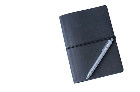 Black notebook and pen in isolated in white backgroundの写真素材