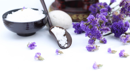 Spa accessories with thai herb  and flower in white backgroundの写真素材