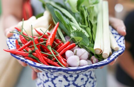 Hand holding Thai herb ingredients on trayの写真素材