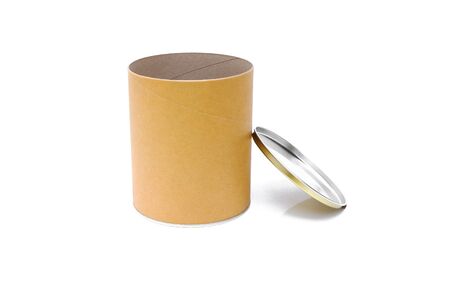 Open brown cylinder tube container isolated on white backgroundの写真素材